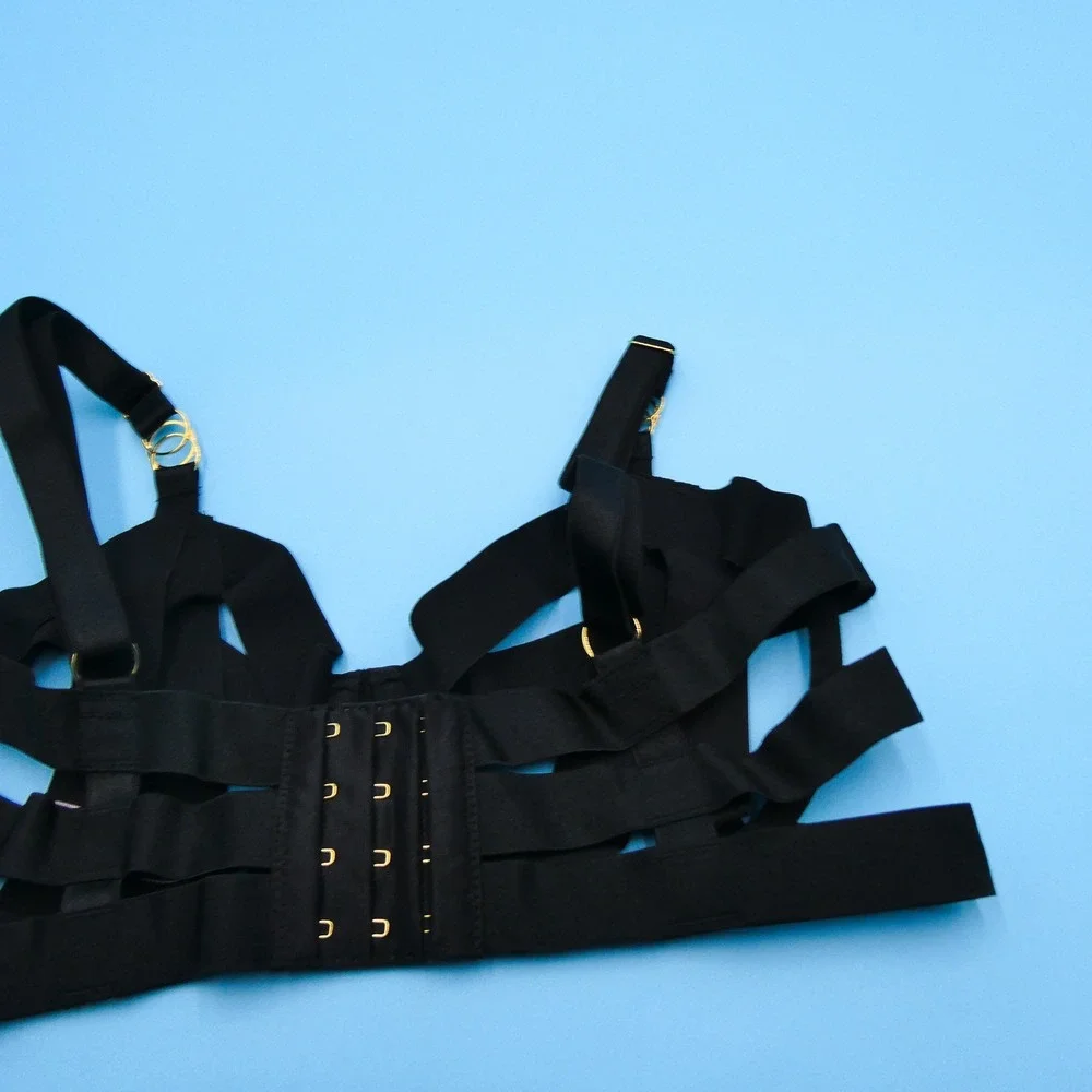 Victoria's Secret Balconette Bra Womens 34D Strappy Cage Black‎ Unlined Nylon